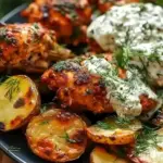 Spicy Yogurt Marinated Chicken with Dill Feta Cream & Crispy Baby Potatoes