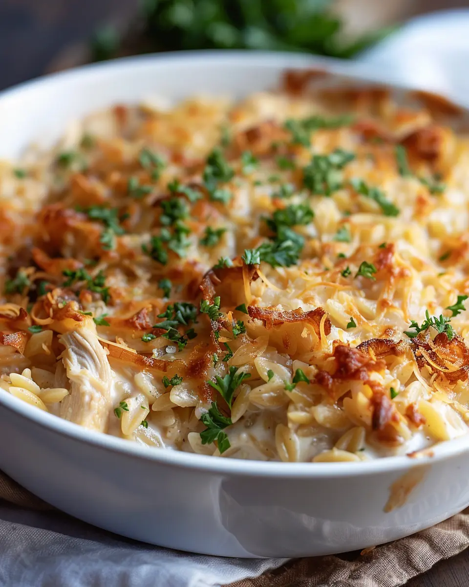 French Onion Chicken Orzo Casserole with Turkey Bacon Bliss