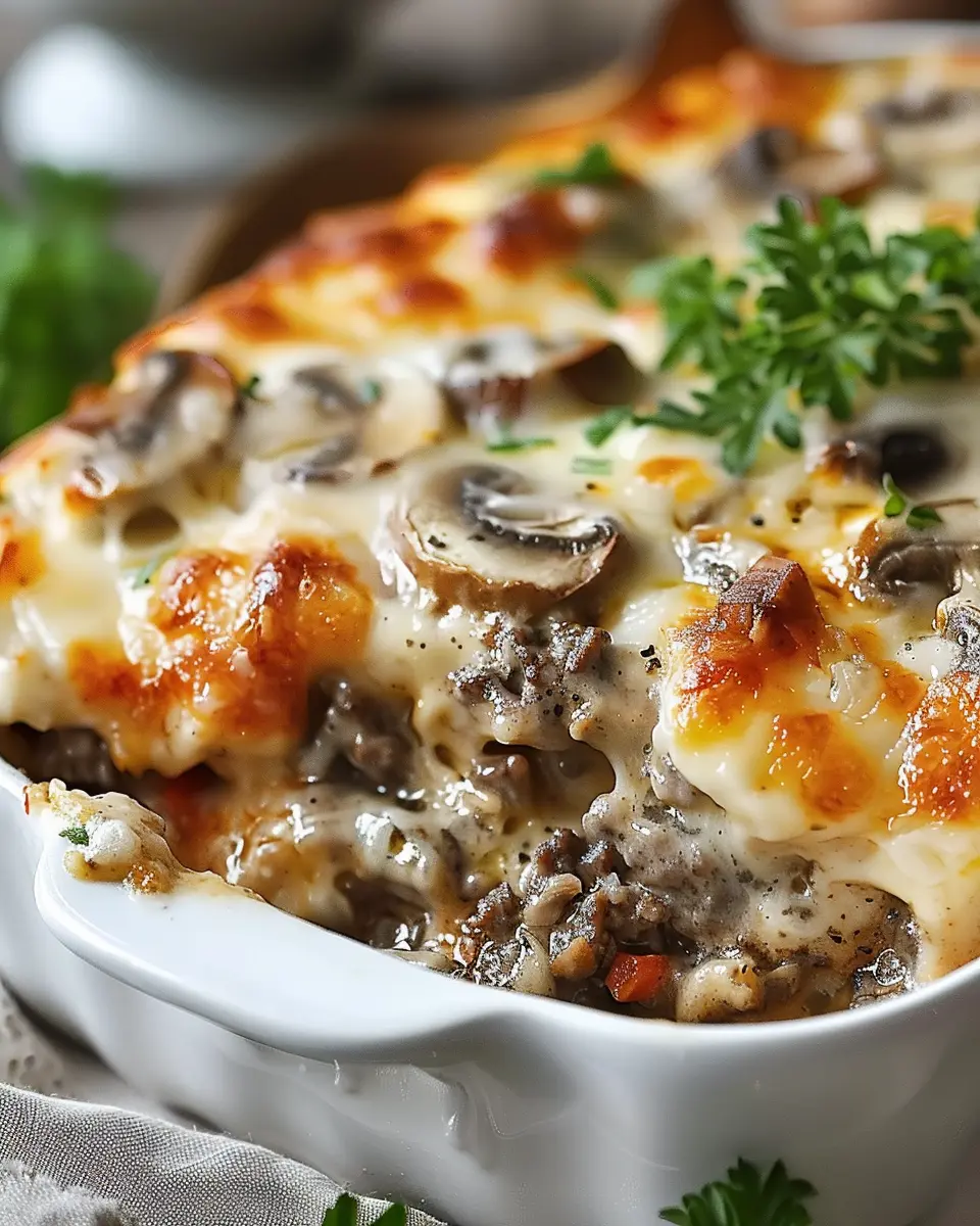 Mushroom and Swiss Burger Casserole: Indulgent Comfort Food Delight