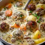 Bowl of creamy meatball and potato soup with chunks of carrots, herbs, and a rich broth, served with a spoon and slices of crusty bread—perfect for hearty fall and winter meals. Ultimate Potato and Sausage Chowder (Creamy One-Pot Comfort)