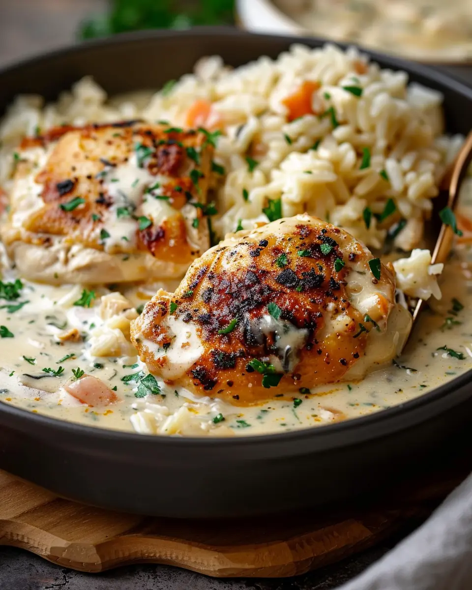 Easy Creamy Smothered Chicken and Rice Dinner Recipe with Turkey Bacon